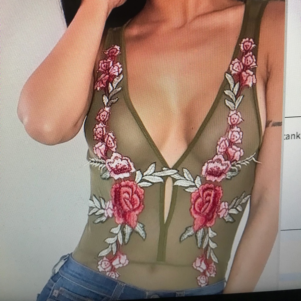 Floral Embroidered Mesh Bodysuit - Olive